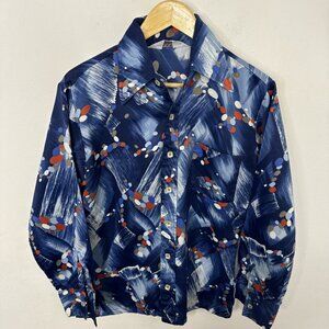 Vintage 70s Sears Sports Life Disco Hipster Men M 15.5 Polyester Shirt Blue